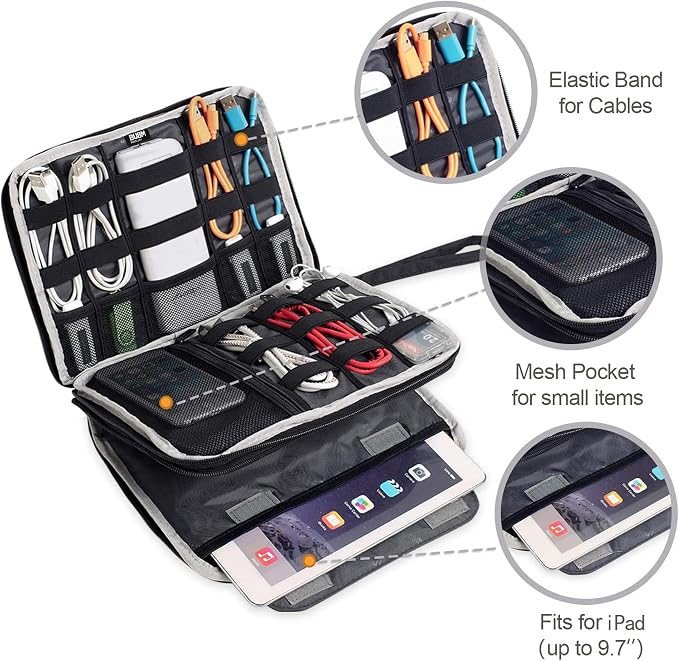 BUBM Double Layer Electronics Organizer, Travel Gadget Bag for Cables, Memory Cards, Flash Hard Drive and More, Fit for iPad or Tablet(up To 9.7")--Large, Dark Blue | Travel Gadget Bag For Cables, Memory Cards, Flash Hard Drive and More, Fit For iPad o...