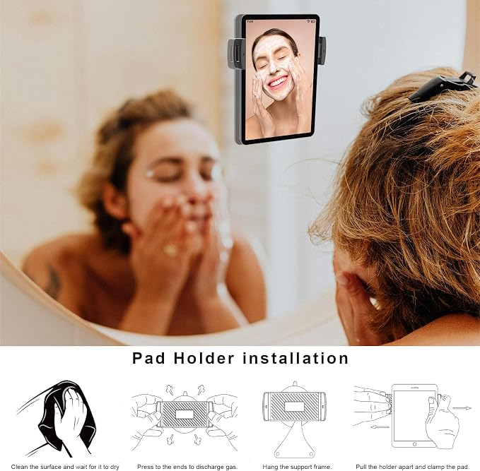 Powerful Suction Cup iPad & Tablet Wall Mount for Mirror, Glossy Tiles & Glass, Pad Holder for Bathroom, Kitchen, Gym, Yoga, Makeup, Supports extra 3 pads for 24H, Fits devices from 5.5"-12.9" (Black)