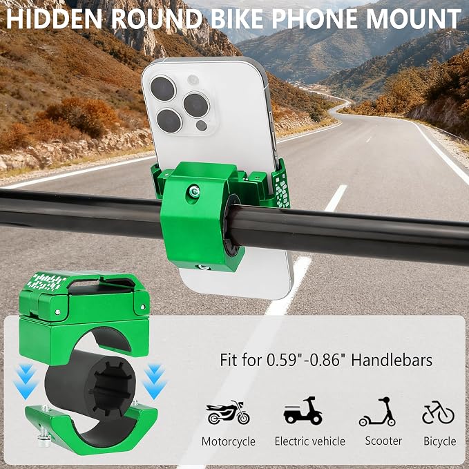 Bike Phone Holder, Motorcycle Phone Mount, Aluminum Alloy Bicycle Handlebar Cell Phone Stand, 360°Rotate Ebike Scooter Phone Clamp Clip, Suitable for 4.5-7.0" Smartphones (Green)