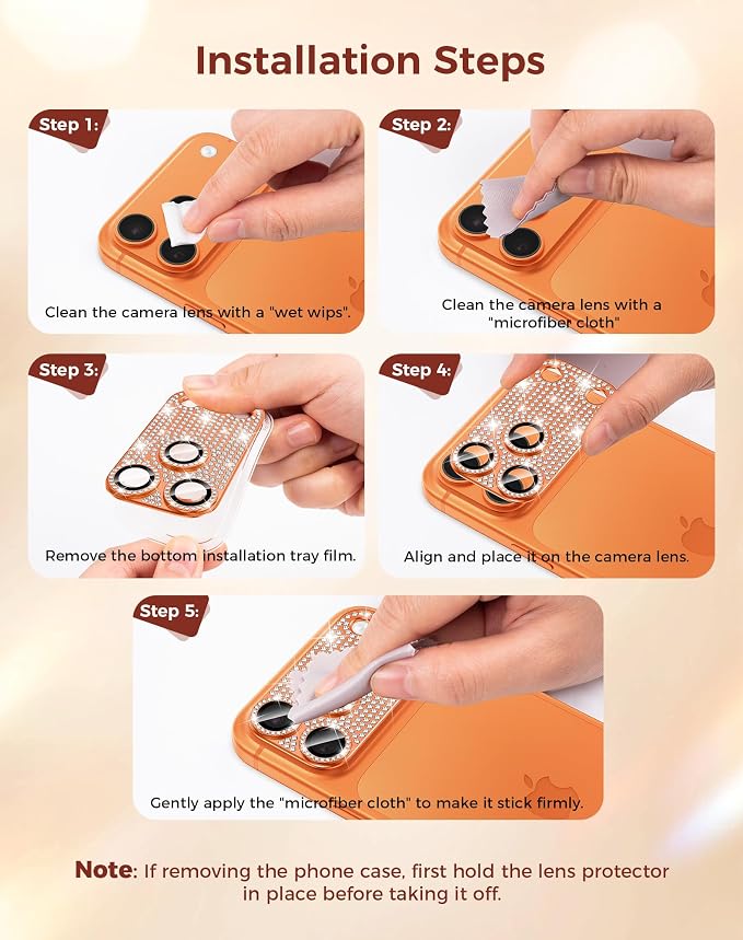 Goton for iPhone 17 Pro Camera Lens Protector Diamond Bling- Not Easy to Fall, Strong Adsorption, Glitter Metal Aluminum Alloy Rear Camera Screen Cover Accessories for 17Pro, Light Orange
