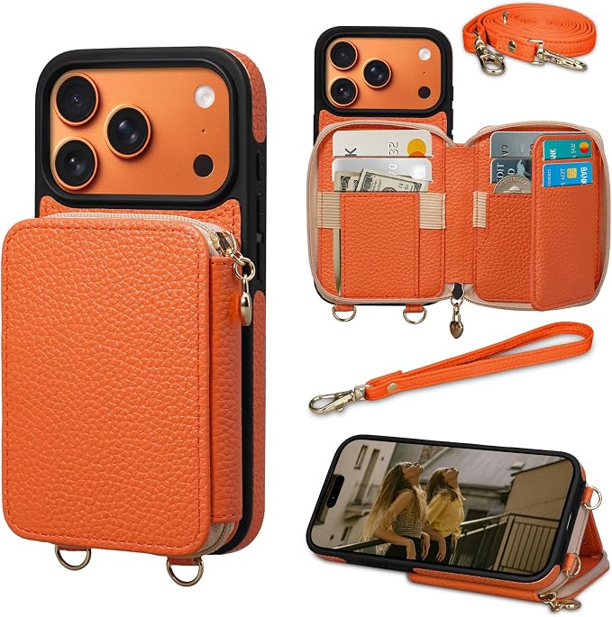 Keallce Case for iPhone 17 Pro 6.3'' Case Wallet, Crossbody Zipper Purse with RFID Blocking Card Slots Kickstand, Lanyard & Handstrap Flip Folio Leather Phone Cover for iPhone 17 Pro, Orange