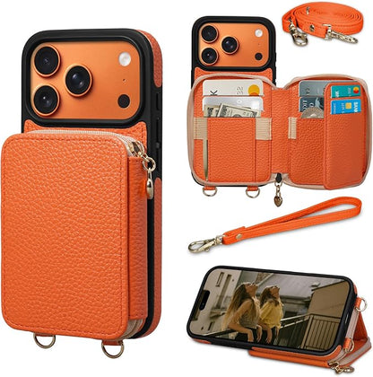 Keallce Case for iPhone 17 Pro 6.3'' Case Wallet, Crossbody Zipper Purse with RFID Blocking Card Slots Kickstand, Lanyard & Handstrap Flip Folio Leather Phone Cover for iPhone 17 Pro, Orange