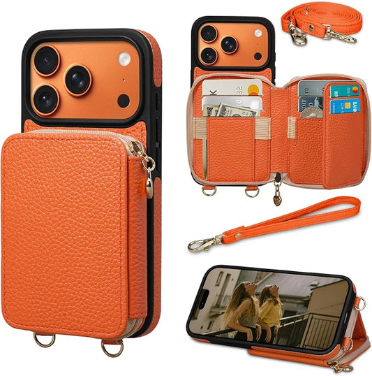 Keallce Case for iPhone 17 Pro 6.3'' Case Wallet, Crossbody Zipper Purse with RFID Blocking Card Slots Kickstand, Lanyard & Handstrap Flip Folio Leather Phone Cover for iPhone 17 Pro, Orange