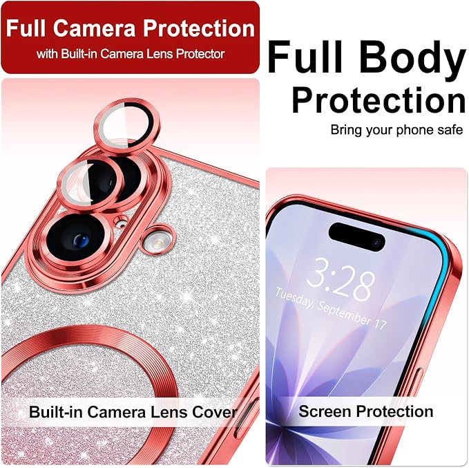 Hython for iPhone 17 Case Glitter Clear Magnetic Phone Cases [Compatible with MagSafe] Full Camera Lens Protector Sparkle Luxury Plating Slim Shockproof Protective Cover Women, Gradient Red