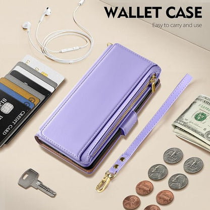 Antsturdy Compatible with iPhone 12 Wallet Case,RFID Blocking PU Leather Phone Case Women Men Kickstand Flip Cover Wrist Strap Zipper Credit Card Holder Slots,for Apple 12 Pro 6.1",Light Purple