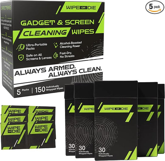 Electronic Wipes for Touch Screens - 150 Phone Wipes for Mobile, Tablet & Car Displays - Lens Wipes Individually Wrapped - Alcohol-Boosted