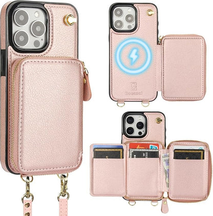 Bocasal for MagSafe Crossbody Wallet Case Compatible with iPhone 15 Pro Max, RFID Blocking Protective Purse Case with Card Slots Holder Kickstand Wrist Strap Lanyard Zipper 6.7 Inch 5G (Rose Gold)