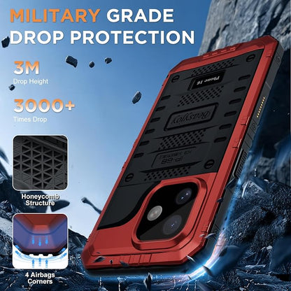 Beasyjoy for iPhone 16 Case Waterproof, Metal Heavy Duty Full Body Protective Case with Built-in Screen Protector, Military Grade Shockproof Dustproof Defender Rugged Cover for iPhone 16 6.1" Red