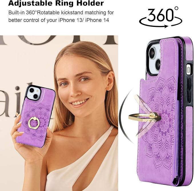 HAOPINSH for iPhone 13/ iPhone 14 Wallet Case with Card Holder, 360°Rotation Ring Kickstand, Purple Mandala Pattern, RFID Blocking Leather for Girls Women, Double Buttons Flip Cover 6.1"