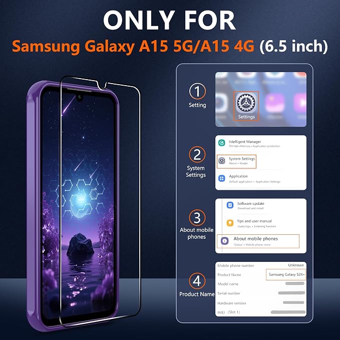 for Galaxy A15 5G Phone Case: Samsung A15 Phone Case with 2PC Tempered Glass Screen Protector, Wireless Charging Samsung A15 5G Case Matte Translucent Soft-Touch & Shockproof Funda para A 15,Purple