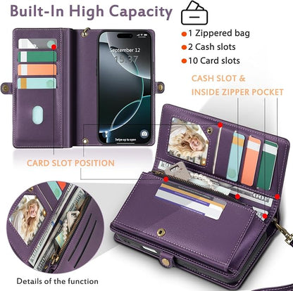 for Wallet Case Compatible with iPhone 16 Pro Max,Multi-Function Detachable 2 in 1 Magnetic iPhone 16 Pro Max Case Wallet,Flip Strap Zipper Card Holder Phone Case with Shoulder Straps (Pruple)