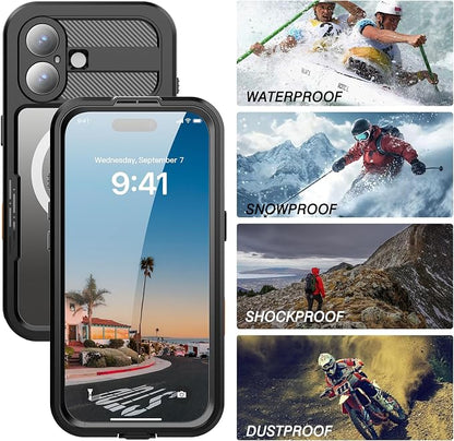 Magnetic for iPhone 17 Case Waterproof, Full-Body Protection Case with Built-in Screen and Camera Protector, Military Shockproof and Dustproof Phone Cover for iPhone 17,6.3" (Black/Clear)