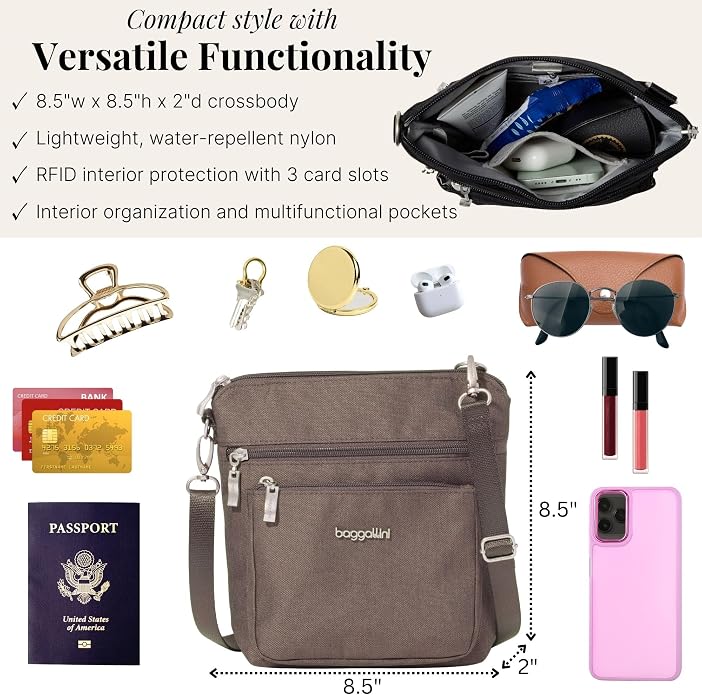 Baggallini Modern Pocket Crossbody Bag for Women, 8.5"x8.5" Handbag Purse with RFID, Lightweight Water-Resistant