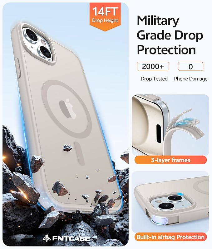 FNTCASE for iPhone 15 Case: for iPhone 14 Case & iPhone 13 Case [Compatible with Magsafe] Translucent Matte Cases with [Screen Protector] Military Grade Shockproof Protective Phone Cover - Off White