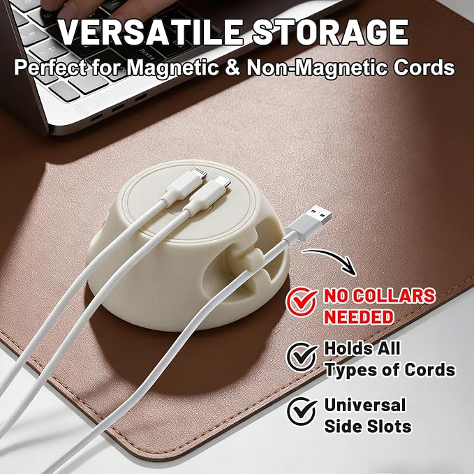 SOOoEC [N52 Ultra-Strong Snap-On Magnetic Cord Holder, Weighted Desktop Cable Organizer, Premium Liquid Silicone, No Collars Needed for iPhone & USB-C, Dual-Side Slots, Beige