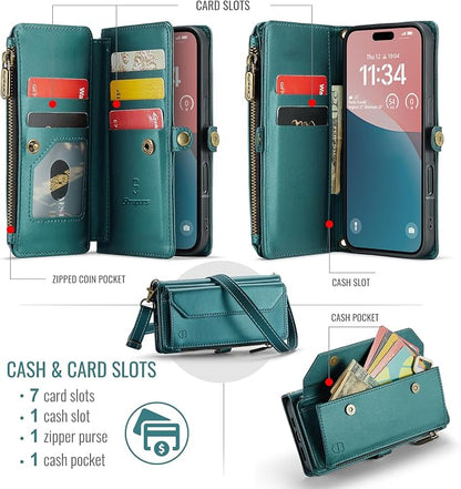 Strapurs Wallet Case Compatible with iPhone 16 6.1" RFID Blocking 7-Card Holder Soft PU Leather Magnetic Snap Shoulder Strap Zipper Pocket Phone Case Fit for iPhone 16 for Women - Blue Green