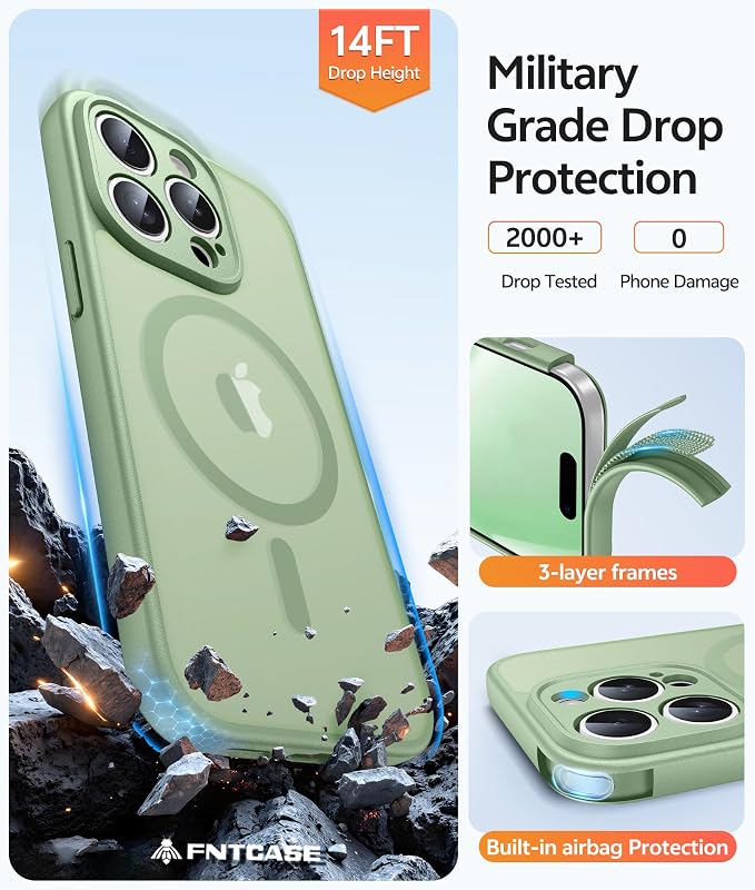 FNTCASE for iPhone 14 Pro Case: [Compatible with Magsafe] Translucent Matte Cases with [Full Camera Protection] [Screen Protector] Military Grade Shockproof Protective Phone Cover - Light Moss