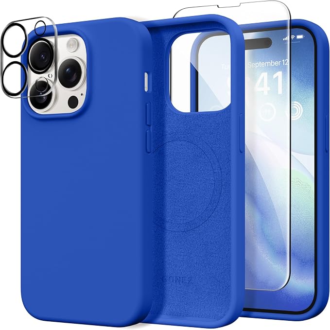 GONEZ for iPhone 14 Pro Max Case Silicone, Compatible with MagSafe, with Screen Protector + Camera Lens Protector, Liquid Silicone Shockproof Protective Phone 14 ProMax Case 6.7", Klein Blue