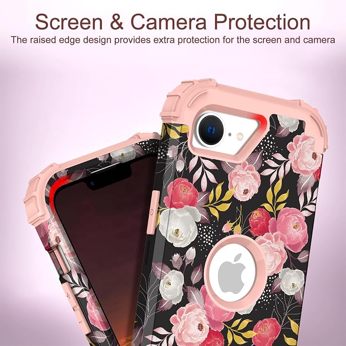 Hocase for iPhone 17e/iPhone 16e Case, Heavy Duty Shockproof Protection Hard Plastic+Silicone Rubber Hybrid Protective Phone Case for iPhone 17e/16e 6.1" - Rose Blossom