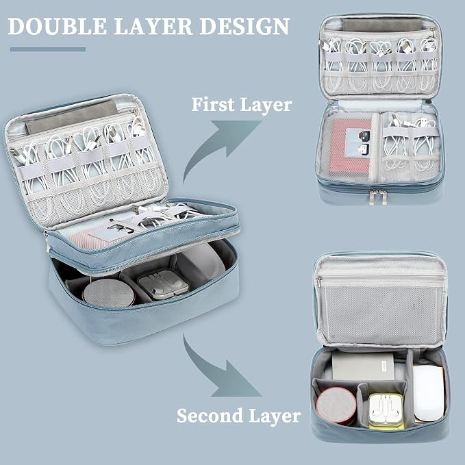 Lanola Custom Personalized Travel Cable Organizer Bag, Electronic Accessories Case Portable Double Layer Cable Storage Bag with DIY Dividers & Custom Photo Text - Light blue