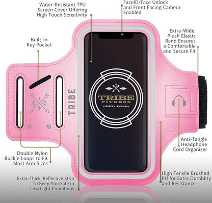 TRIBE Water Resistant Cell Phone Armband Case Running Holder for iPhone Pro Max Plus Mini SE (13/12/11/X/XS/XR/8/7/6/5) Galaxy S Ultra Plus Edge Note (21/20/10/9/8/7/6/5) Adjustable Strap & Key Pocket