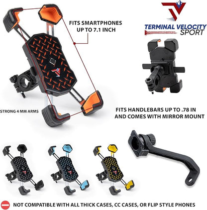 Terminal Velocity Sport - Motorcycle Phone Mount - Bike Cell Phone Holder - Bike Phone Mount, for iPhone & Android - Fits Harley Davidson, eBike, ATV, Bicycle - Incl. Mirror & Rain-Cover. (Blue)