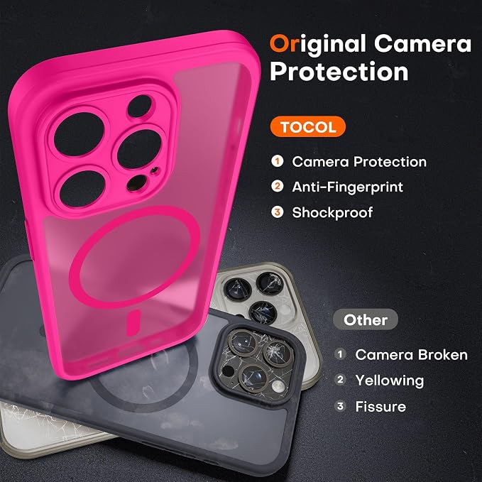 TOCOL for Phone 15 Pro Max Case, Compatible with Magsafe Charger, Full Camera Protection, Drop Protection, Translucent Matte Phone Case for iPhone 15 Pro Max 6.7 inch (Hot Pink)