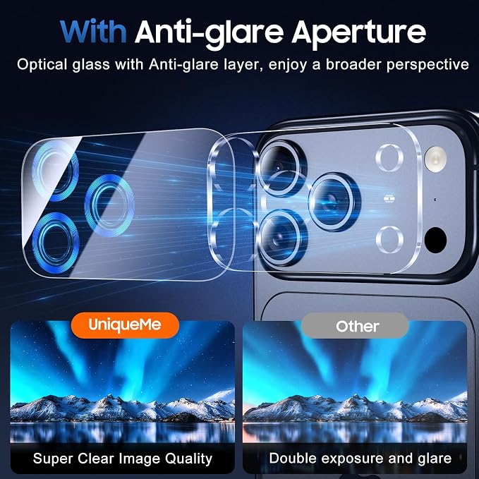 UniqueMe 3 Pack Compatible for iPhone 17 Pro Max Camera Lens Protector - [Drop Protection] [Case Friendly] 9H Tempered Glass Camera Cover Screen [Update New Version] - Dark Blue