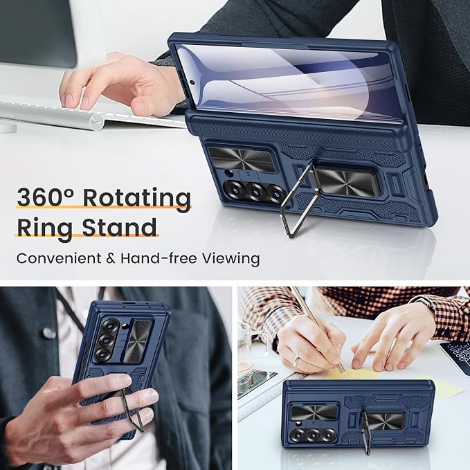 VEGO for Samsung Fold 6 Case with Slide Camera Cover&Hinge Protection,Blue | Built-in Screen Protector & 360°Rotecting Ring Stand, Shockproof Protective Phone Case for Samsung Z Fold 6 5G 2024