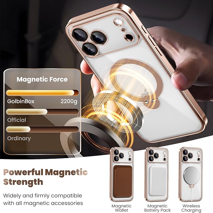 GolbinBox for iPhone 17 Pro Max Case with 360° Spin Magnetic Stand,[Compatible with Magsafe] [Military Protection][Built-in Ring Holder] Camera Control Phone Case for 17 Pro Max,Rose Gold/Clear