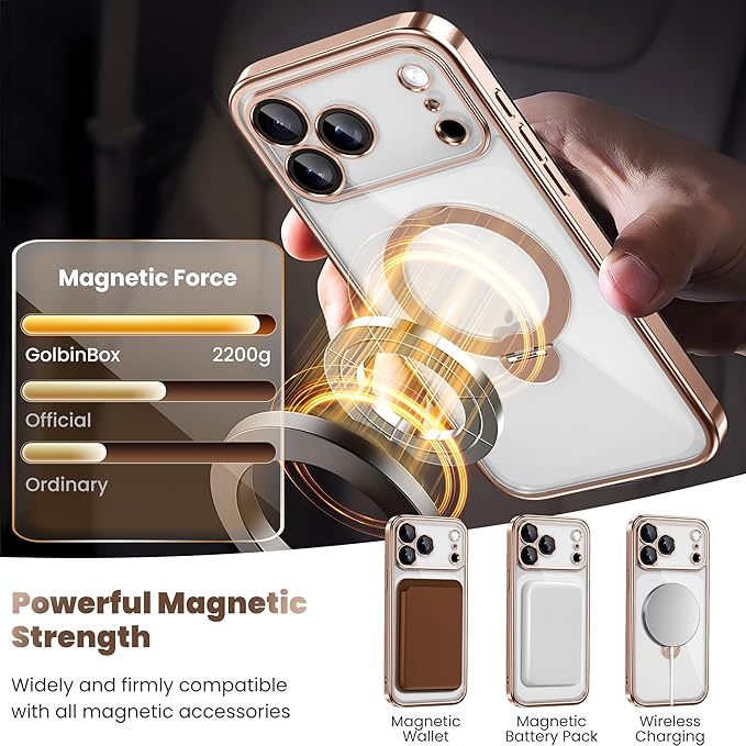 GolbinBox for iPhone 17 Pro Case with 360° Spin Magnetic Stand,[Compatible with Magsafe] [Military Protection][Built-in Ring Holder] Camera Control Phone Case for 17 Pro,Rose Gold/Clear