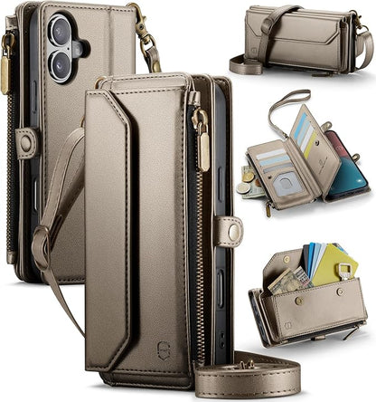 Strapurs Wallet Case Compatible with iPhone 16 Plus 6.7" RFID Blocking 10-Card Holder Soft PU Leather Magnetic Snap Shoulder Strap Zipper Pocket Phone Case Fit for iPhone 16 Plus - Desert Titanium