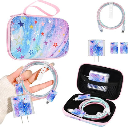 Phone Charger Case Storage Set with Cute Stars Cable Protector with Carrying Cable Case Bag,Cord Organizer, USB Earphone Wire Saver Organizer Charger Protector for iPhone (Colourful Stars)
