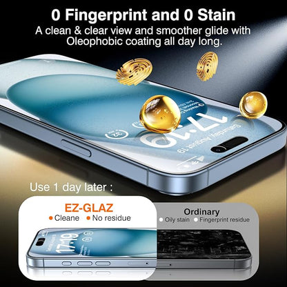 EZ-GLAZ- 4 Pack for iPhone 15 Privacy Screen Protector [6.1"] With 2 Pack Camera Lens Protector, 9H+ Hardness 12FT Military Grade Shatterproof Scratch Resistant Durable Tempered Glass Film with Flawless Fit Kit