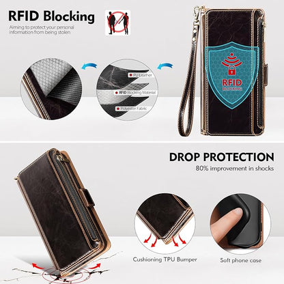 Antsturdy Compatible with iPhone 17 Pro Wallet Case Women,RFID Blocking PU Leather Phone Case Men Kickstand Flip Cover Wrist Strap Zipper Credit Card Holder Slots for Apple 17 Pro 6.3",Coffee