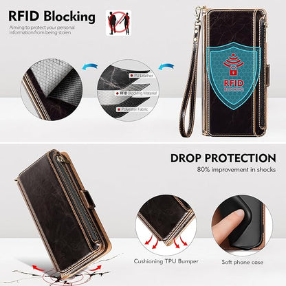 Antsturdy Compatible with iPhone 12 Wallet Case,RFID Blocking PU Leather Phone Case Women Men Flip Shockproof Protective Cover Wrist Strap Zipper Credit Card Holder Slots,for Apple 12 Pro 6.1"(Coffee)