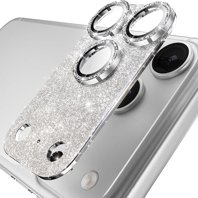 YWXTW for iPhone 17 Pro Camera Lens Protector, [Upgraded Glitter Design] Full Bling Sparkly Diamond Tempered Glass Screen Protector Metal Camera Cover Accessories (Glitter Silver, iPhone 17 Pro)