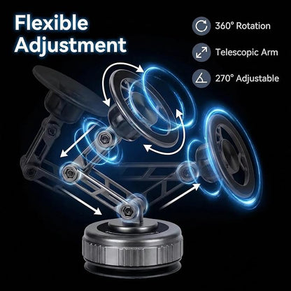 Vacuum Suction Car Phone Mount [80LBS Strong Suction & 3-Section Long Arm] Magnetic Dashboard Holder for Car, 360° Rotation Stand with Metal Ring for iPhone 17 16 15 14 13, Samsung & All Phones
