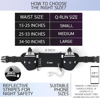 Q-RUN Hydration Running Belt with 2 x 10oz Water Bottles, No Bounce Adjustable Waist Belt for Men & Women, Marathon Running Gear