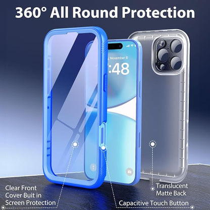 SPORTLINK for iPhone 16 Plus Case with Screen Protector,IP68 Underwater/6.6FT Military Dropproof/Dustproof/Heavy Duty Full Body Phone Case for Apple iPhone 16 Plus 6.7 inch Blue/Frosted Clear