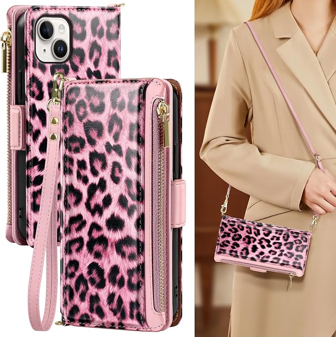 Antsturdy Compatible with iPhone 15 Wallet Case for Women【RFID Blocking】 Crossbody Phone Case PU Leather Zipper Wrist Strap Flip Cover Credit Card Holder Slots,for Apple 15 6.1",Leopard-Pink