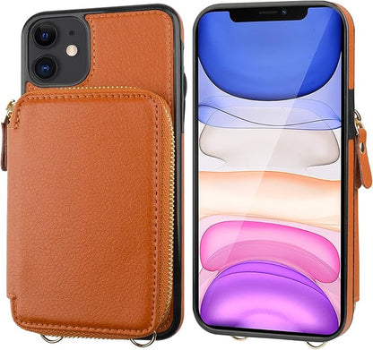 Bocasal RFID Blocking Wallet Case for iPhone 11, Adjustable Crossbody Zipper Purse Case Card Holder with Kickstand Detachable Wrist Strap, PU Leather Flip Folio Case 6.1 Inch (Brown)