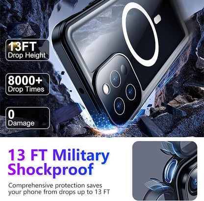 Temdan Compatible with iPhone 13 Pro Max Case Waterproof, Built-in Screen & Camera Protector IP68 Underwater Full Body 13FT Military Dropproof Shockproof Phone Case 6.7"-Black/Clear-Mag