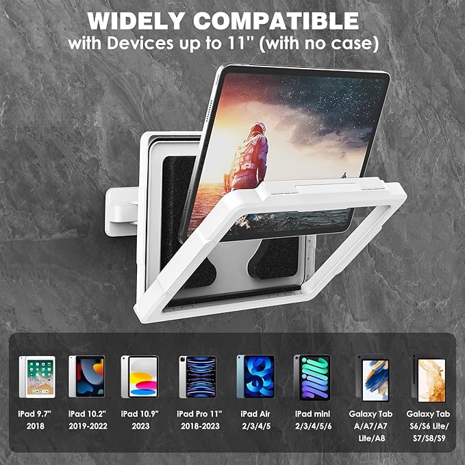 MoKo Shower Tablet Holder, Stretchable Waterproof iPad Holder Fit All Devices Up to 11", 360° Rotation Tablet Wall Mount Holder with Anti-Fog Touchable Screen, 2 Placement Modes, for Bathroom Kitchen