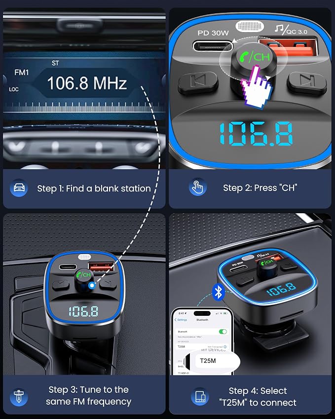 LENCENT Bluetooth 5.4 FM Transmitter Car Adapter 48W [PD 30W & 18W] [7 Color Light] [Fast Charging] Wireless Radio Music Adapter Hands-Free Calling, Support USB Drive & TF Card