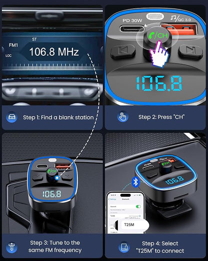 LENCENT Bluetooth 5.4 FM Transmitter Car Adapter 48W [PD 30W & 18W] [7 Color Light] [Fast Charging] Wireless Radio Music Adapter Hands-Free Calling, Support USB Drive & TF Card