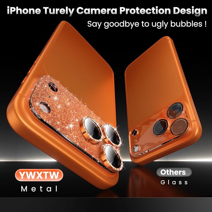 YWXTW for iPhone 17 Pro Max Camera Lens Protector, [Upgraded Glitter Design] Full Bling Sparkly Diamond Tempered Glass Screen Protector Metal Camera Cover Accessories (Glitter Orange, iPhone 17 Pro Max)