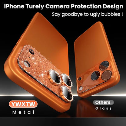 YWXTW for iPhone 17 Pro Max Camera Lens Protector, [Upgraded Glitter Design] Full Bling Sparkly Diamond Tempered Glass Screen Protector Metal Camera Cover Accessories (Glitter Orange, iPhone 17 Pro Max)