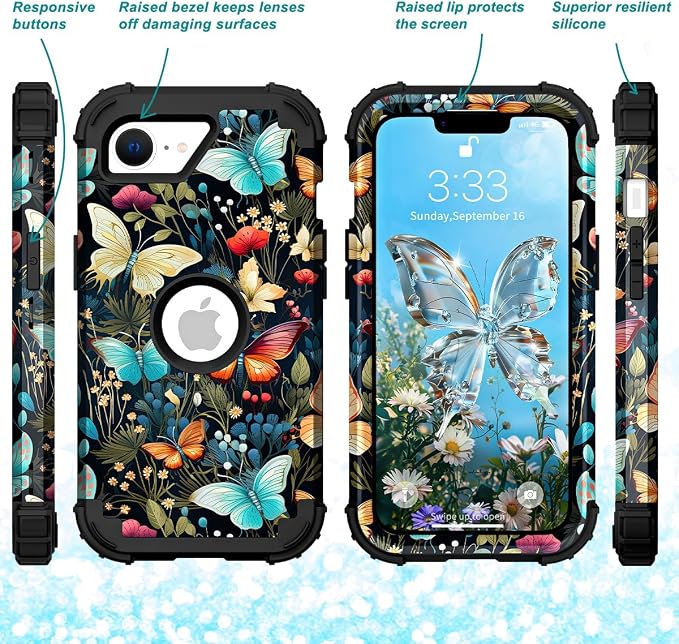 Hocase for iPhone 17e/iPhone 16e Case, Heavy Duty Shockproof Protection Hard Plastic+Silicone Rubber Hybrid Protective Phone Case for iPhone 17e/16e 6.1" - Butterflies in Garden
