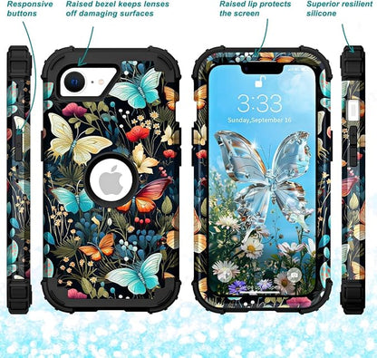 Hocase for iPhone 17e/iPhone 16e Case, Heavy Duty Shockproof Protection Hard Plastic+Silicone Rubber Hybrid Protective Phone Case for iPhone 17e/16e 6.1" - Butterflies in Garden